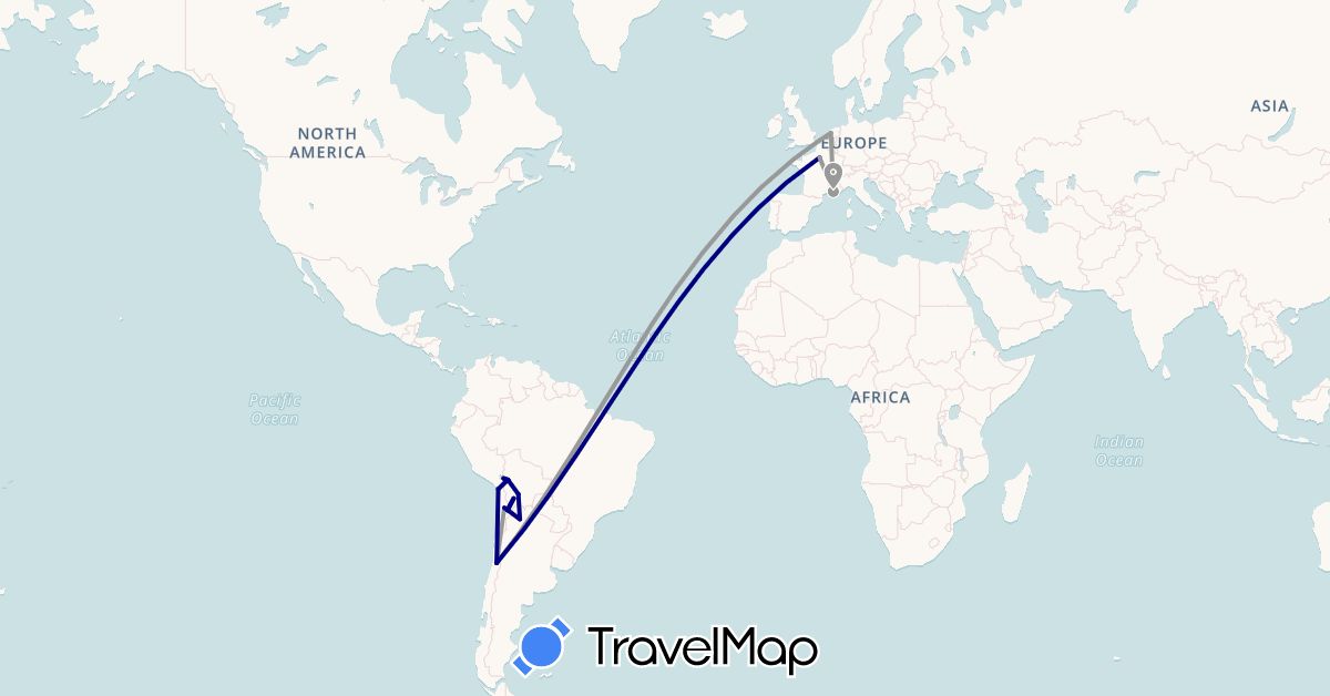 TravelMap itinerary: driving, plane in Argentina, Bolivia, Chile, France, Netherlands (Europe, South America)
